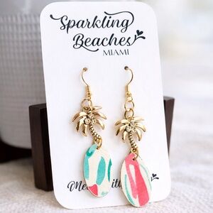 Gold Palm Tree Dangle Earrings Beachy Tropical Summer Statement NWT